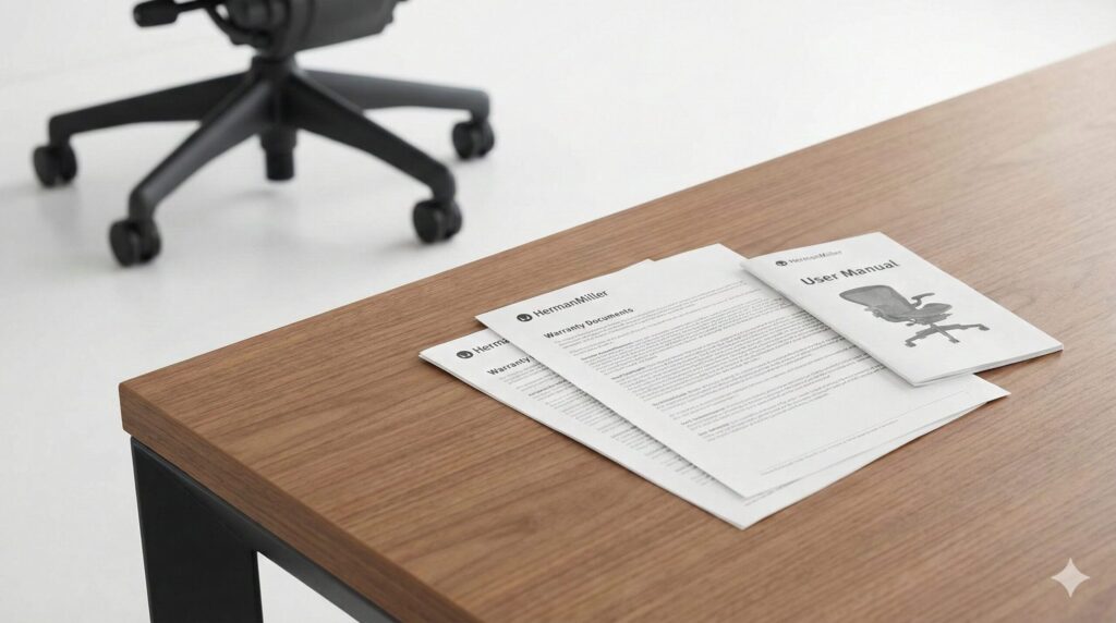 オフィスデスクの上に置かれたハーマンミラーの保証書とマニュアルの書類。奥にはアーロンチェアの脚部が見える。