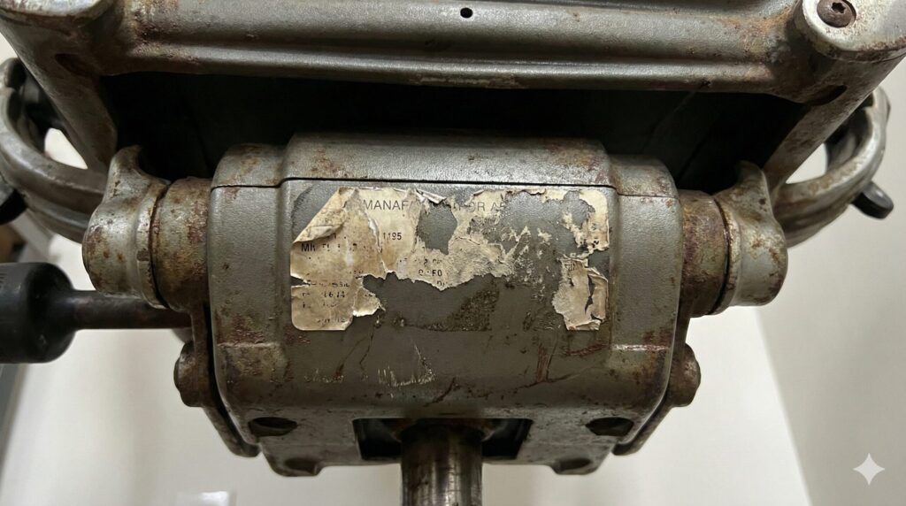 中古アーロンチェアの座面裏にある製造ラベルが破損している様子。部品の寄せ集めや改造品の可能性を示すチェックポイント。