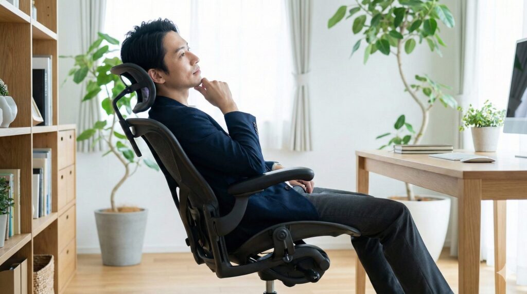 アーロンチェアに深くリクライニングしてリラックスした姿勢で思考にふける日本人男性の様子。