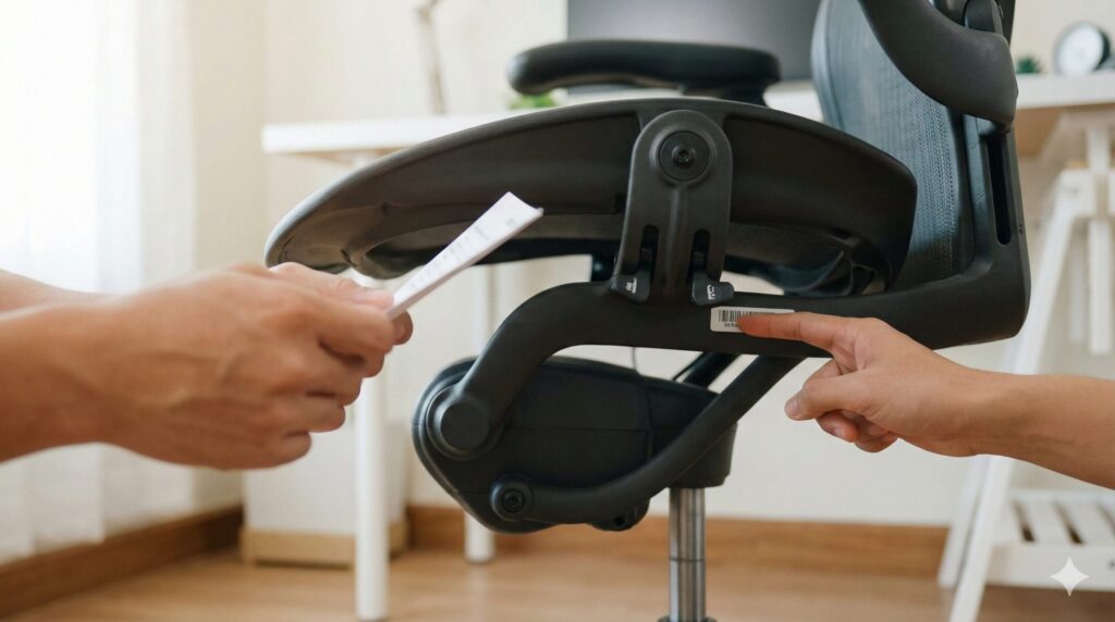 アーロンチェアの座面下にあるシリアルナンバーのステッカーと保証書を確認している様子。正規保証の適用条件を確認するための重要なステップ。