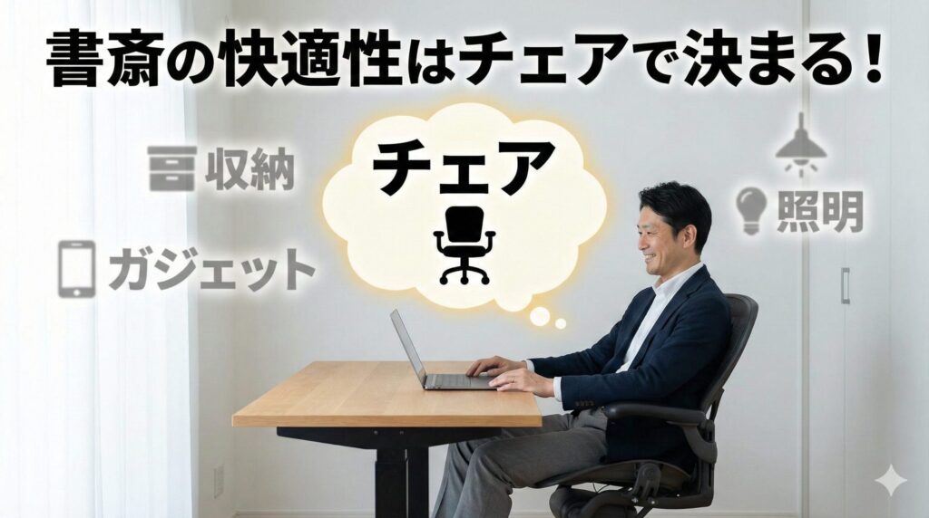 書斎で快適に作業する日本人男性と、快適性においてチェアが最も重要であることを示すインフォグラフィック。「書斎の快適性はチェアで決まる!」というテキストが強調され、収納やガジェットよりもチェアが優先されることを視覚的に表現しています。