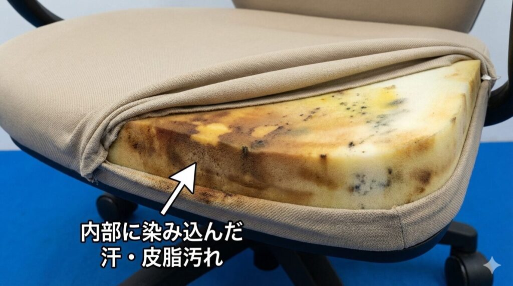 中古オフィスチェアの座面クッションの断面写真。表面の布地をめくると、内部のウレタンフォームに茶色く変色した汗や皮脂の汚れが深く染み込んでいる様子がはっきりと写っている。「内部に染み込んだ汗・皮脂汚れ」というテキストと矢印で汚染箇所を強調している。