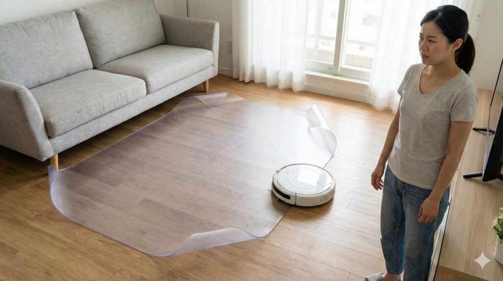新品の透明チェアマットの巻き癖が直らず端が反り返り、ロボット掃除機が乗り上げて立ち往生している様子と、それを見て困惑する女性。
