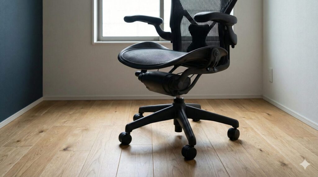 明るい部屋のフローリング床に直置きされた高級な黒いオフィスチェア。キャスターが床に接しており、傷防止対策が必要な状態を示している。