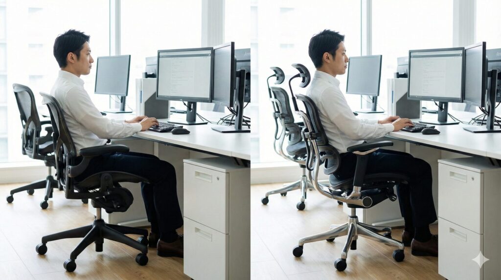 アーロンチェアとエルゴヒューマンの前傾チルト機能の違いを作業デスクで比較した画像。作業に集中する日本人ワーカー。