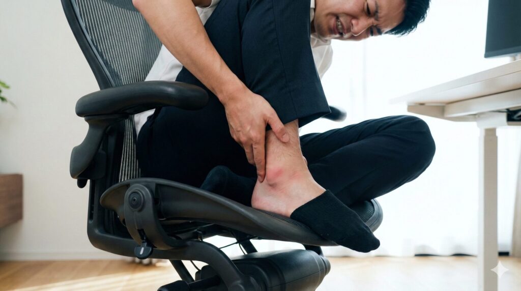 ーロンチェアのようなメッシュチェアであぐらをかいた際、硬いフレームが足首に当たり痛みが生じている様子