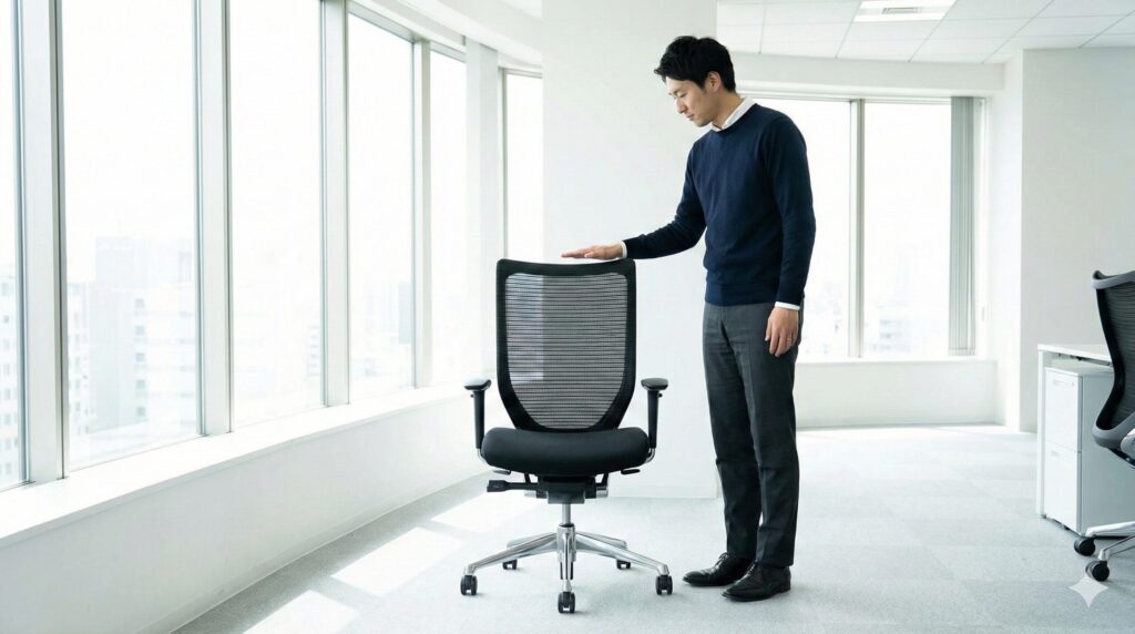 バロンチェアのハイバックモデルの確認方法。座った時に背もたれが肩の高さまであるかを確認する日本人男性の様子。