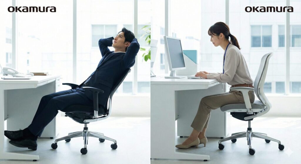 オカムラのバロンチェアとシルフィーが並んだモダンなオフィス。後傾でリラックスする男性と前傾で集中する女性のイメージ。