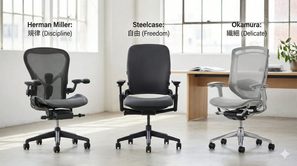 ハーマンミラー、スチールケース、オカムラの代表的なオフィスチェア3脚(アーロンチェア、リープチェア、コンテッサ)を比較し、それぞれの設計哲学「規律」「自由」「繊細」をテキストで表現した写真。