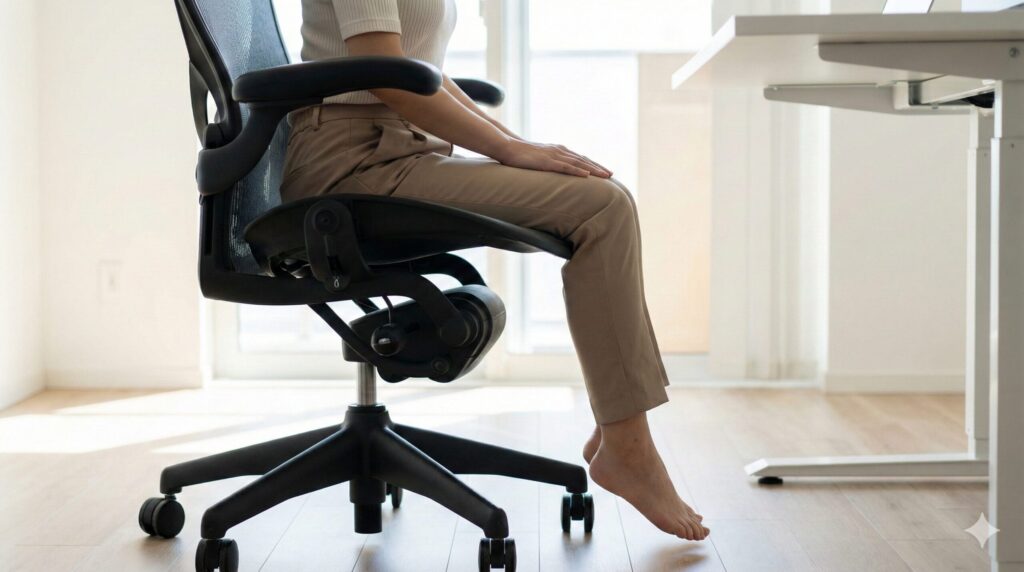 アーロンチェアのCサイズなど大きすぎる椅子を選んだ際、座面の奥行きが膝裏を圧迫しているリスクを示す図