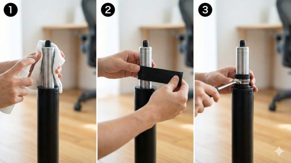 オフィスチェアのガスシリンダーの勝手な沈み込みを防ぐ応急処置の手順を示す3枚の写真。左から、ロッドの清掃、滑り止めのゴムシートの巻き付け、ホースバンドでの固定作業の様子。