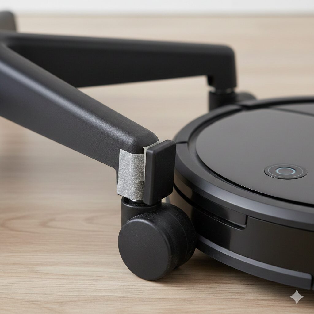 オフィスチェアの脚の根元付近に黒いゴム製のドアストッパーが両面テープで貼り付けられているクローズアップ。ロボット掃除機のバンパーがストッパーに当たり、乗り上げずに方向転換しようとしている。