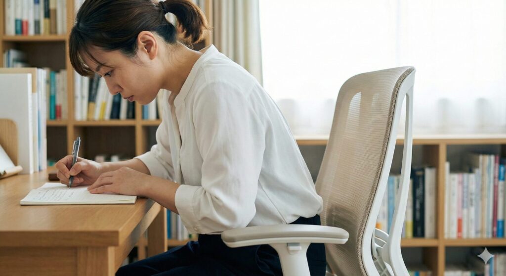 オカムラのシルフィーに座り、前傾チルト機能を使って背もたれを前方に固定し、集中してノートに書き物をしている日本人女性の横顔。