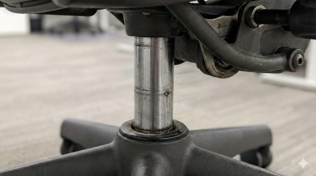 アーロンチェアの座面下にあるガス圧シリンダーのクローズアップ写真。金属部品に多少の使用感が見られる。