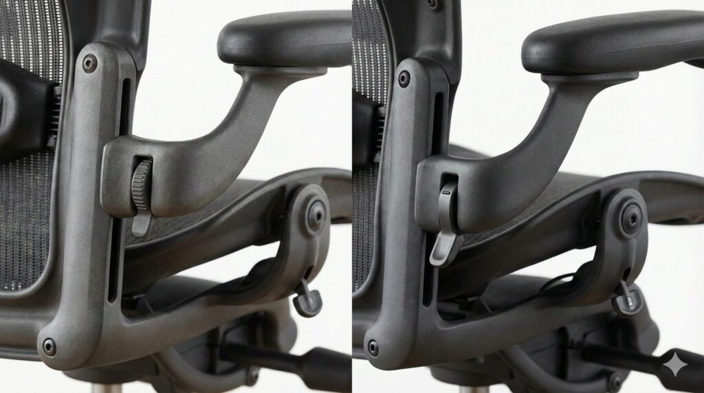 アーロンチェアの旧型ダイヤル式アームレスト（左）と、現行のレバー式アームレスト（右）の固定メカニズムを比較したクローズアップ写真。