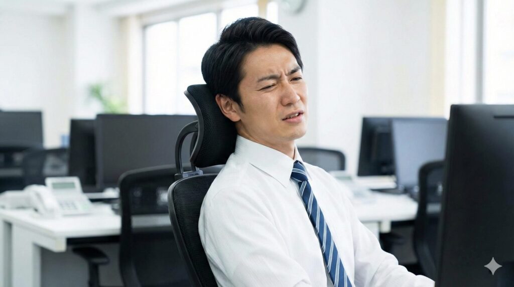 オフィスチェアのヘッドレストが頭に当たり動作が制限される様子