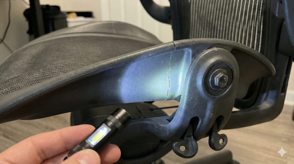 中古アーロンチェアの座面フレームに入った亀裂(クラック)をライトで照らして確認している様子。古いモデルに見られる致命的な欠陥。