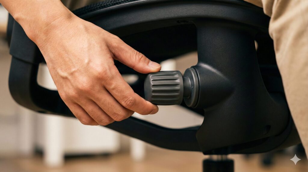 アーロンチェアのチルトテンション（リクライニングの硬さ）を微調整する手のクローズアップ。