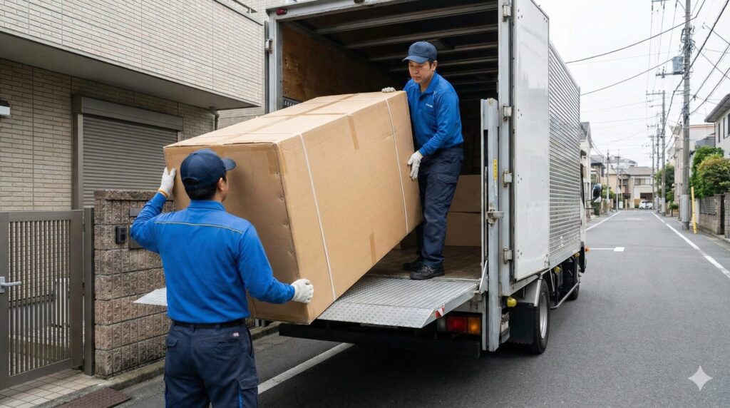 アーロンチェアが入った大型の梱包ダンボールを配送トラックに積み込む作業員。大型家具扱いとなるため、往復の輸送料が高額になる理由がわかる。