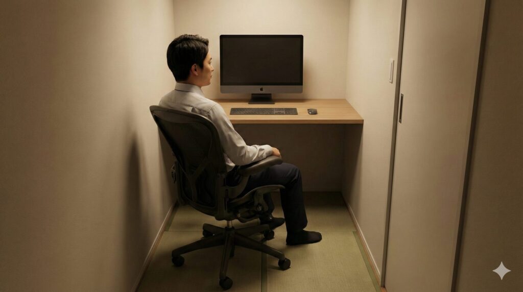 1.5畳のコンパクトな書斎で、日本人男性がハーマンミラーのアーロンチェアに快適に座って作業している写真。I型レイアウトのデスク配置により、狭さを感じさせず、引き戸で動線を確保している様子がリアルに伝わる。