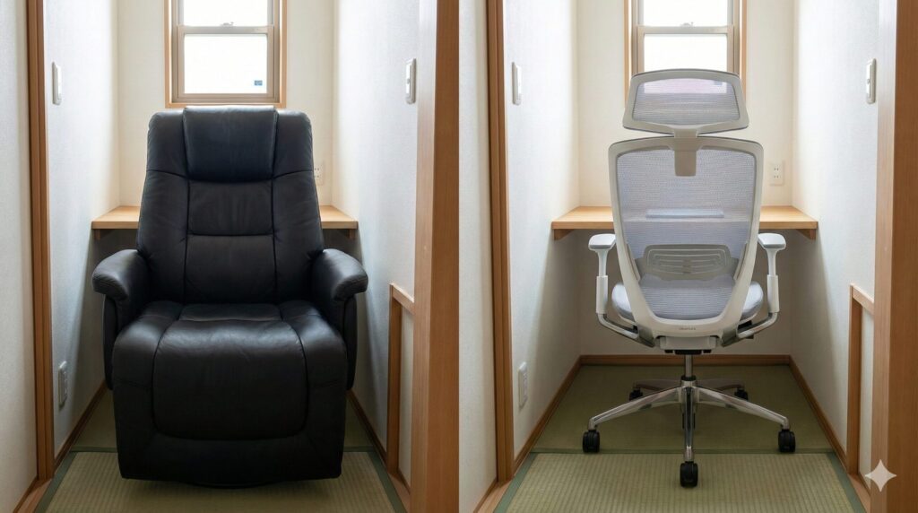 狭い書斎における椅子の選び方を比較した写真。左側の重厚な黒いレザーチェアは圧迫感があり、右側の明るい色のメッシュチェアは視線が抜けて空間を広く見せる効果があることを示しています。