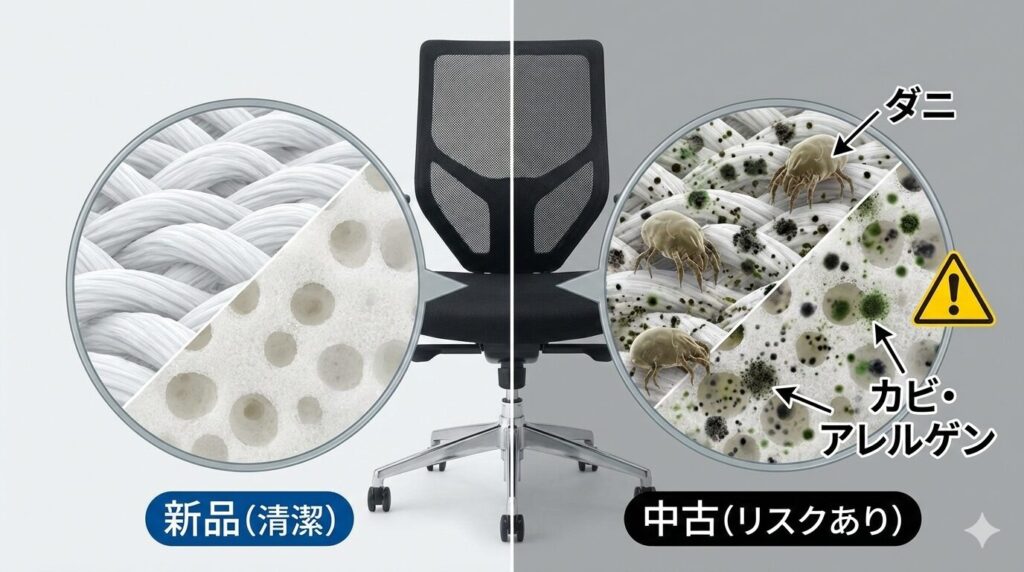 新品と中古のオフィスチェアの座面内部を顕微鏡で比較したイメージ図。左側の「新品(清潔)」はきれいな繊維とウレタン、右側の「中古(リスクあり)」はダニやカビ、アレルゲンが繁殖している様子を描写し、衛生リスクを視覚的に警告している。