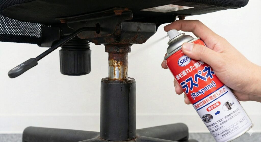 錆びついたオフィスチェアのガスシリンダー接続部に、浸透潤滑剤（ラスペネ）を吹きかけている様子。潤滑剤を塗布した後は一晩待つことが重要であることを、テキストと時計のアイコンで強調している。