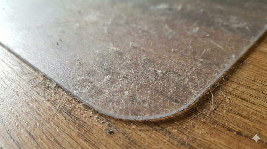 透明チェアマットの角の拡大写真。静電気によってホコリや髪の毛がびっしりと吸着し、薄汚れて見えている様子。