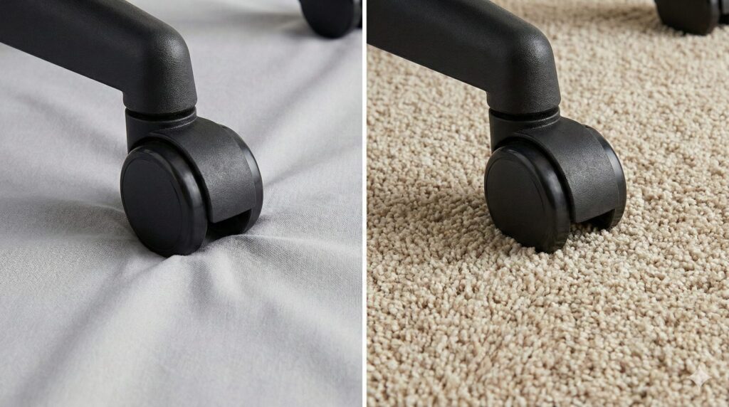 キャスターの荷重比較。左は薄い生地で荷重が一点に集中し、右は厚手のカーペットで荷重が分散されている様子。