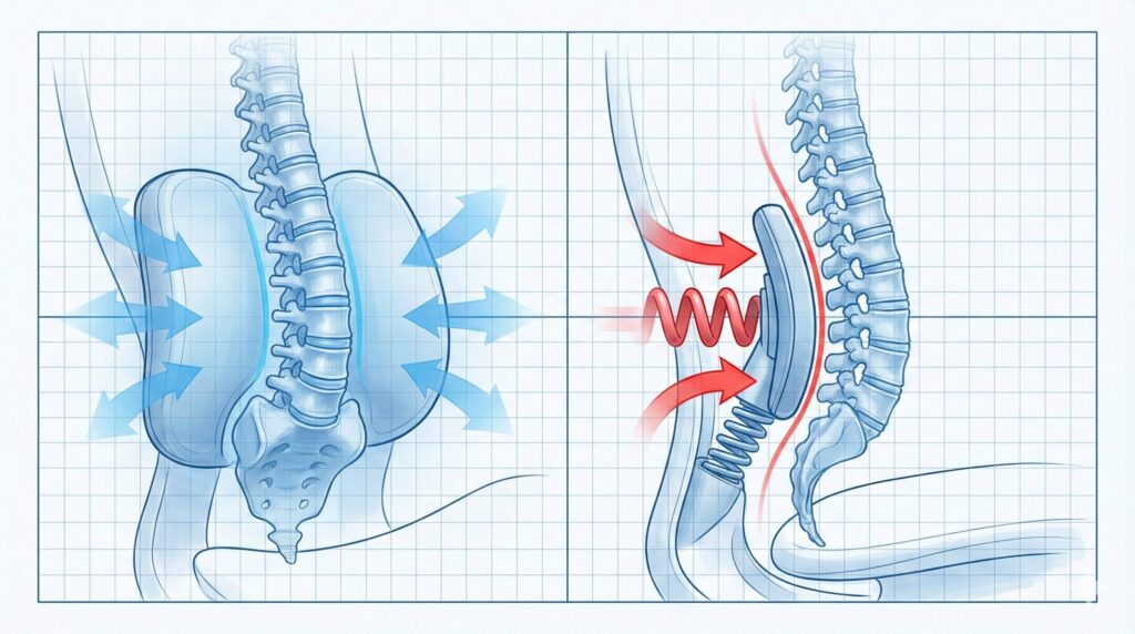 アーロンチェアのポスチャーフィットSLとエルゴヒューマンの独立式ランバーサポートの構造を比較した概念図。