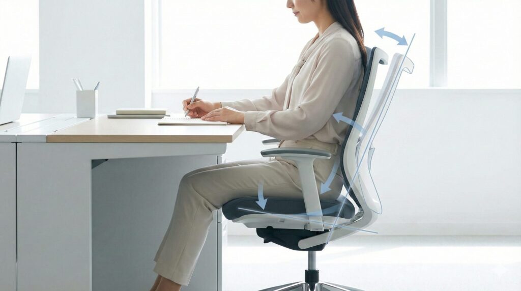 オカムラのシルフィーチェアの前傾チルト機能を使って、女性が正しい姿勢で机に向かい、書き物をしている様子。背もたれと座面が前方に傾き、腰がサポートされていることが矢印と補助線で示されている。