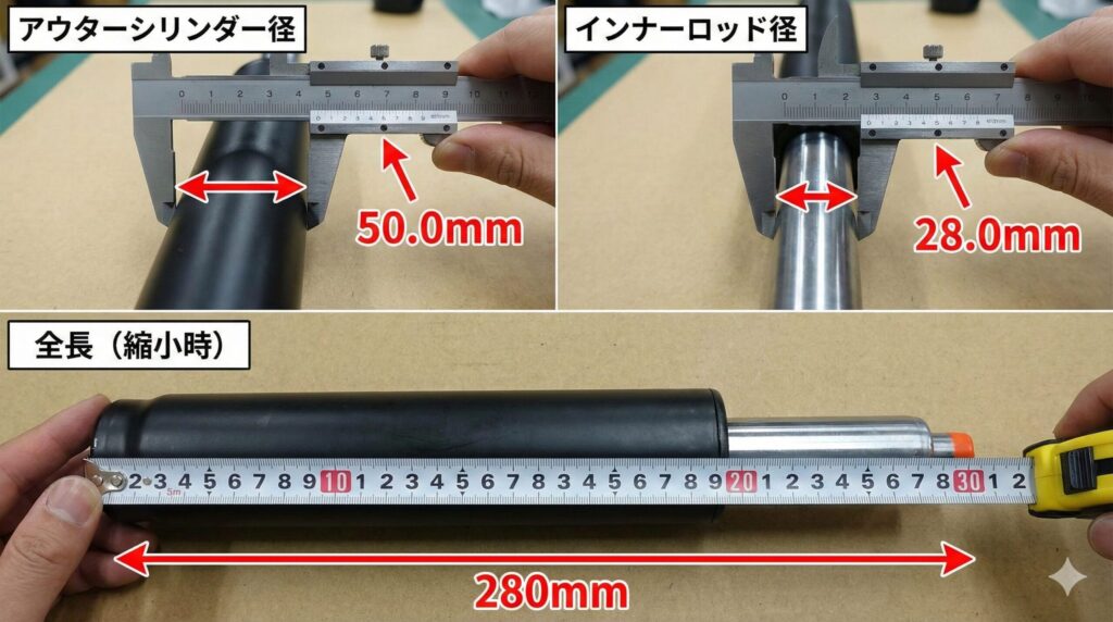 オフィスチェアのガスシリンダー交換に必要な3つのサイズ測定箇所を示す写真。上段左はノギスでアウターシリンダー径(50.0mm)、上段右はインナーロッド径(28.0mm)を測定。下段はメジャーで縮小時全長(280mm)を測定している様子。