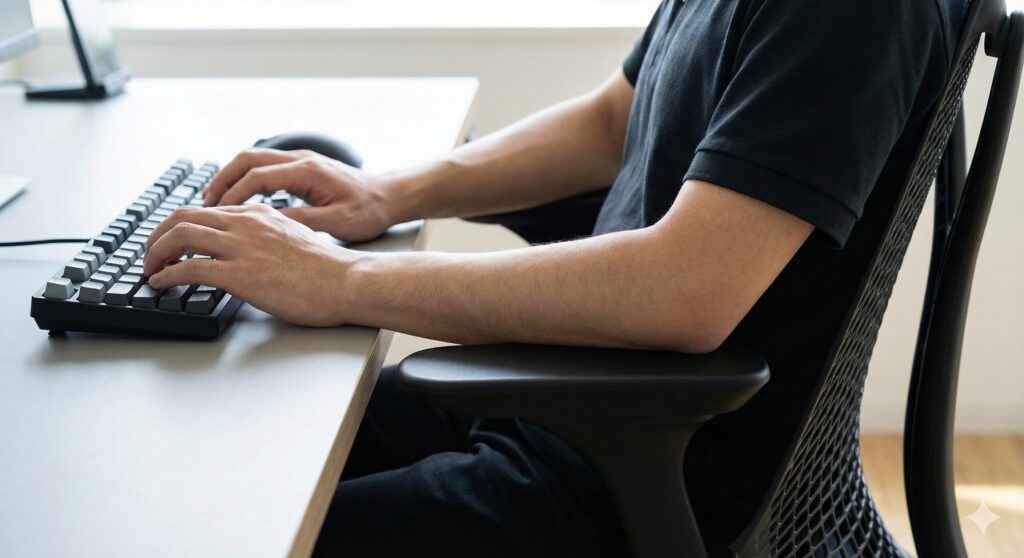 セイルチェアのアームレストを最も内側に寄せ、脇を締めた状態で快適にキーボードタイピングを行っている日本人男性の手元のクローズアップ。