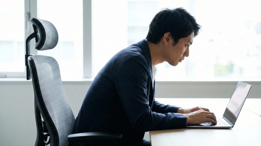 PC作業中に前傾姿勢になりヘッドレストを使用していない日本人男性