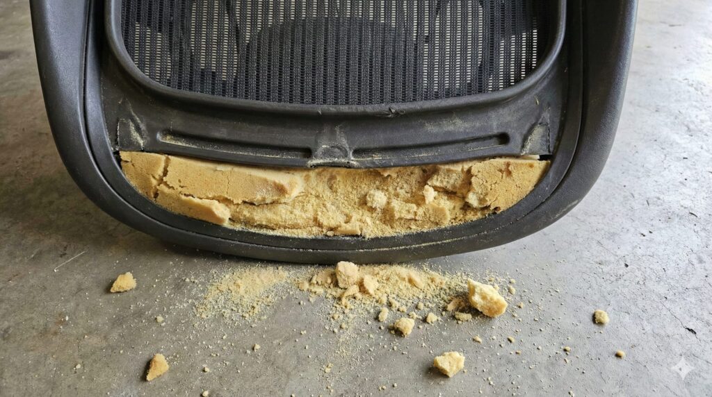 経年劣化で加水分解し、黄色くボロボロに崩れてしまったアーロンチェアの座面前端クッション(バナナクッション)。