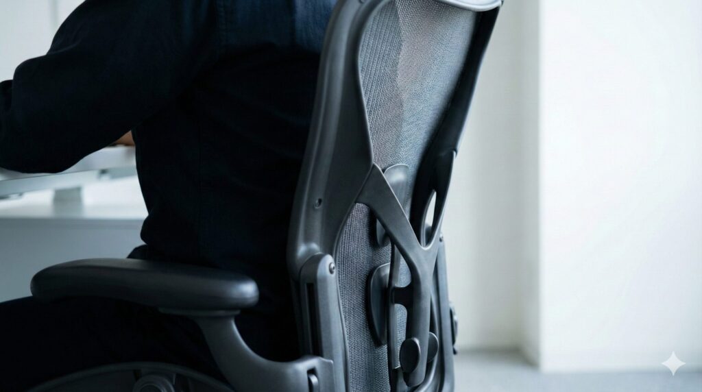 アーロンチェアのポスチャーフィット機能によって正しく支えられた腰椎のS字カーブと理想的な着座姿勢。

