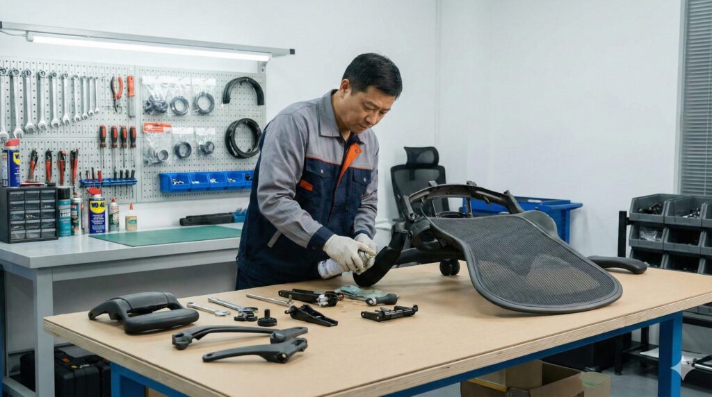 専門の工房でアーロンチェアを分解し、各パーツを清掃・グリスアップするオーバーホール作業の様子。プロによるメンテナンスで性能が回復する。