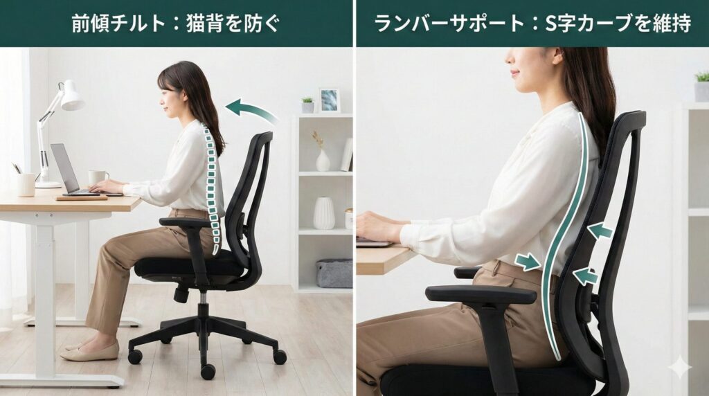 オフィスチェアの「前傾チルト」と「ランバーサポート」機能が正しい姿勢をサポートする様子を示す写真。左側は前傾姿勢で猫背を防ぎ、右側は調整可能なランバーサポートが背骨のS字カーブを維持する様子を、日本人女性のモデルで説明しています。