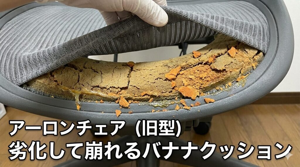 中古の旧型アーロンチェアの座面先端部を写した写真。メッシュの下にある「バナナクッション」が経年劣化で加水分解を起こし、ボロボロに崩れてベタついている様子をクローズアップで捉えている。手袋をした手が触れている。