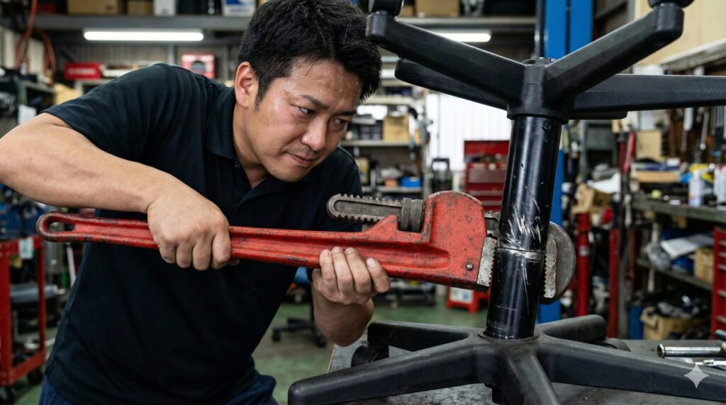 作業場で、男性が大型の赤いパイプレンチを使い、全力を込めてオフィスチェアのガスシリンダーをねじ回して外そうとしている様子。シリンダーにはレンチによる傷が見える。