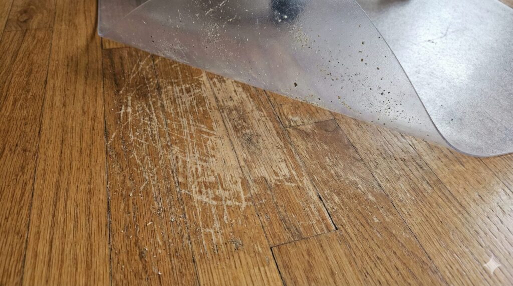 透明チェアマットをめくり上げた下のフローリングの様子。マットが敷かれていた範囲に、ズレと摩擦によって生じた多数の細かい傷や塗装の剥がれがはっきりと見える。