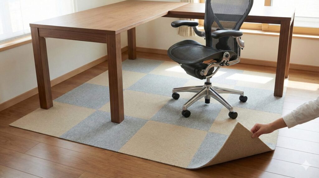 L字デスクの足元にニトリのタイルカーペットを市松模様に敷き詰めた日本の書斎。一枚をめくって設置や交換が容易であることを示している様子。