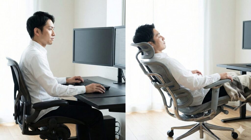 ヘッドレストがなく仕事に集中するアーロンチェアと、オットマンとリクライニングで休息するエルゴヒューマンの比較。
