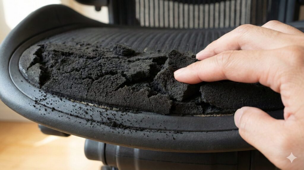 クラシックモデルのアーロンチェアの座面先端裏側にある「バナナクッション」が加水分解でボロボロに崩れている様子。アジア人の手が触れている。