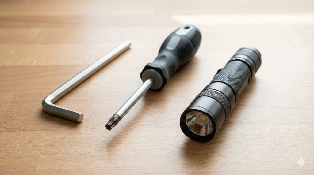 アーロンチェアの肘掛け調整に必要な5mm六角レンチ、トルクスドライバー、および内部確認用の懐中電灯が並べられた様子。