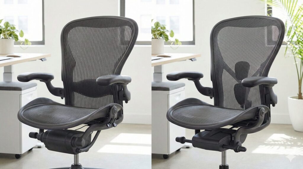 アーロンチェアの旧型「クラシック」(左)と新型「リマスタード」(右)の比較写真。アームレストの構造やメッシュの質感が異なる。