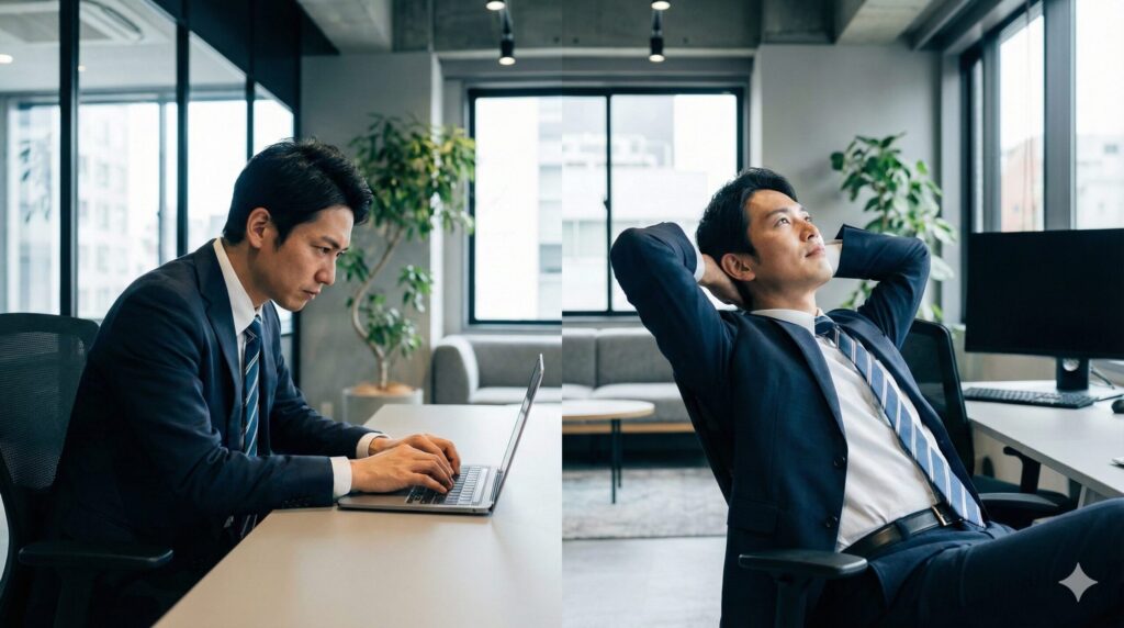 前傾チルトでの集中作業と後傾姿勢でのリラックスタイムを使い分けるワークスタイルのイメージ。