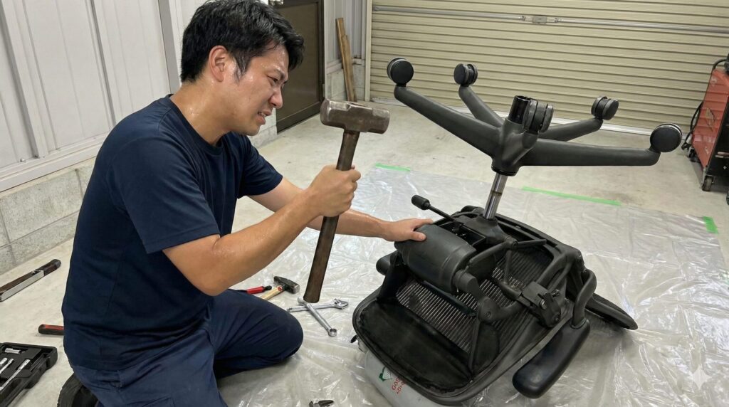 アーロンチェアのガスシリンダーが固着して外れず、ハンマーを持って苦戦するDIY作業中の男性。自分で修理することのリスクと難しさを表している。