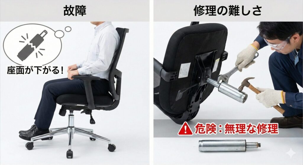 オフィスチェアのガスシリンダー故障と修理の難しさを示す2枚の比較写真。左は座面が勝手に下がる故障の様子、右は固着したシリンダーをハンマーとレンチで無理やり外そうとする危険な修理作業の様子。