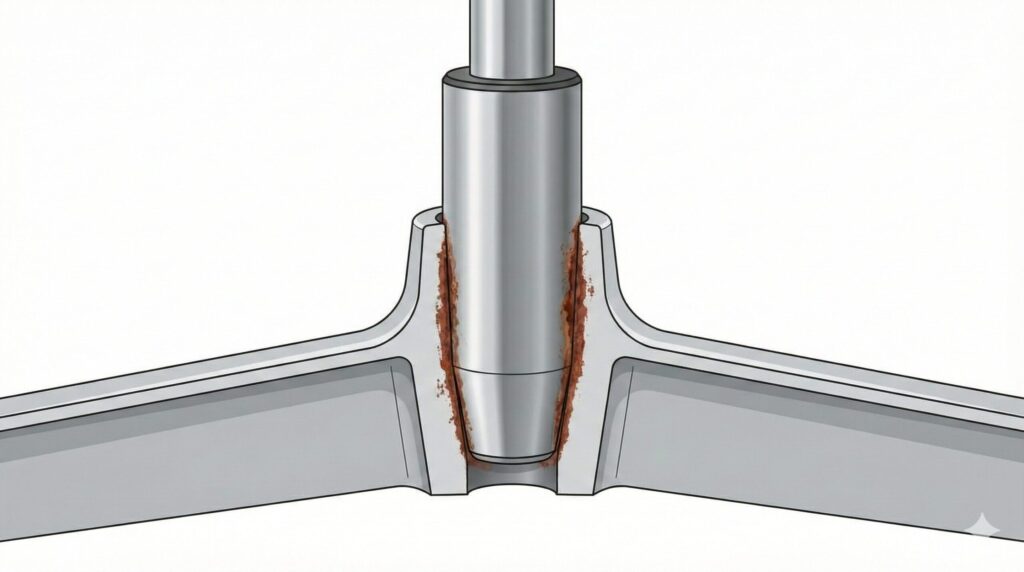 オフィスチェアのガスシリンダーと脚部ベースの接続部分の断面図解。円錐状のモールステーパー構造が深く嵌合し、接触部全体に赤茶色の錆が発生して強力に固着している様子を示すテクニカルイラスト。